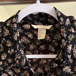 H & M Black Floral Button-Up Blouse with Pink & Olive Print Size 6
